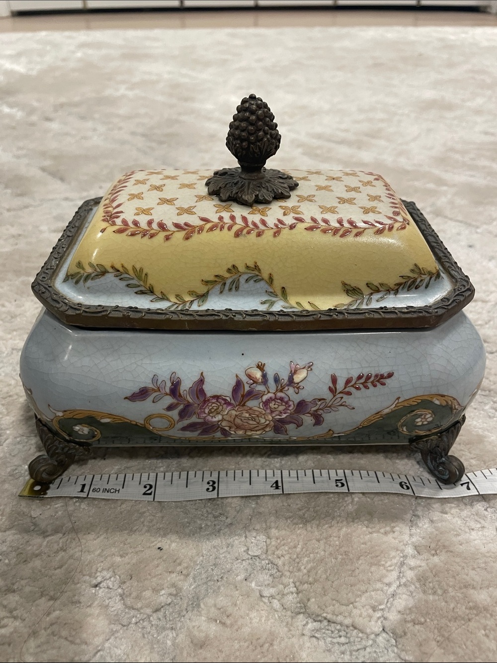 Vintage Porcelain Jewelry Trinket Box with Floral Design